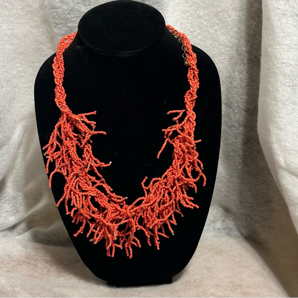 Chico's Coral Colored Fringed Seed Bead Vintage Necklace Bronze Bead Accents